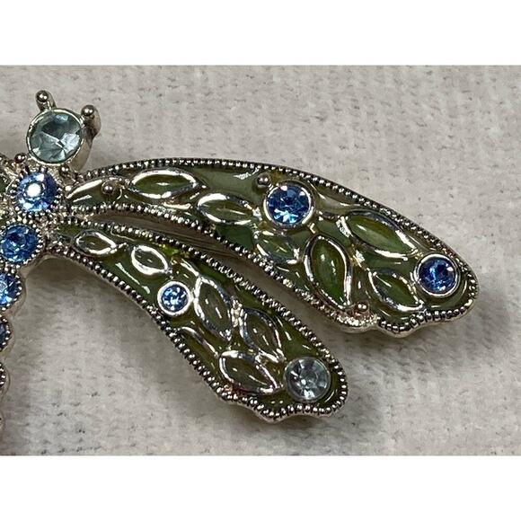 Vintage Dragonfly Pin Brooch Silvertone Light Blue Clear Rhinestone Green Enamel - Picture 4 of 10